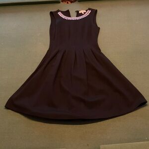 Monteau Dress Womens Black Stretch Knit Pleated Beaded Jeweled Neckline Small